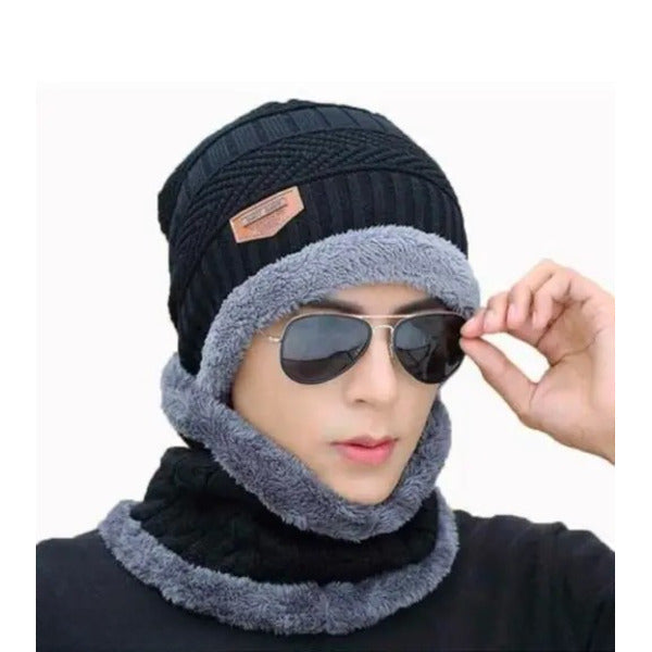 Head & Neck Cap Beanies Combo – Woolen Winter Beanie Cap With Neck Warmer Muffler For Men And Women (black)